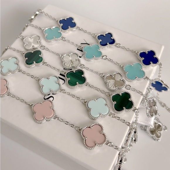 Sky Blue Clover Bracelet Double Sided Silver Color Chain Platinum Plated - Picture 6 of 9